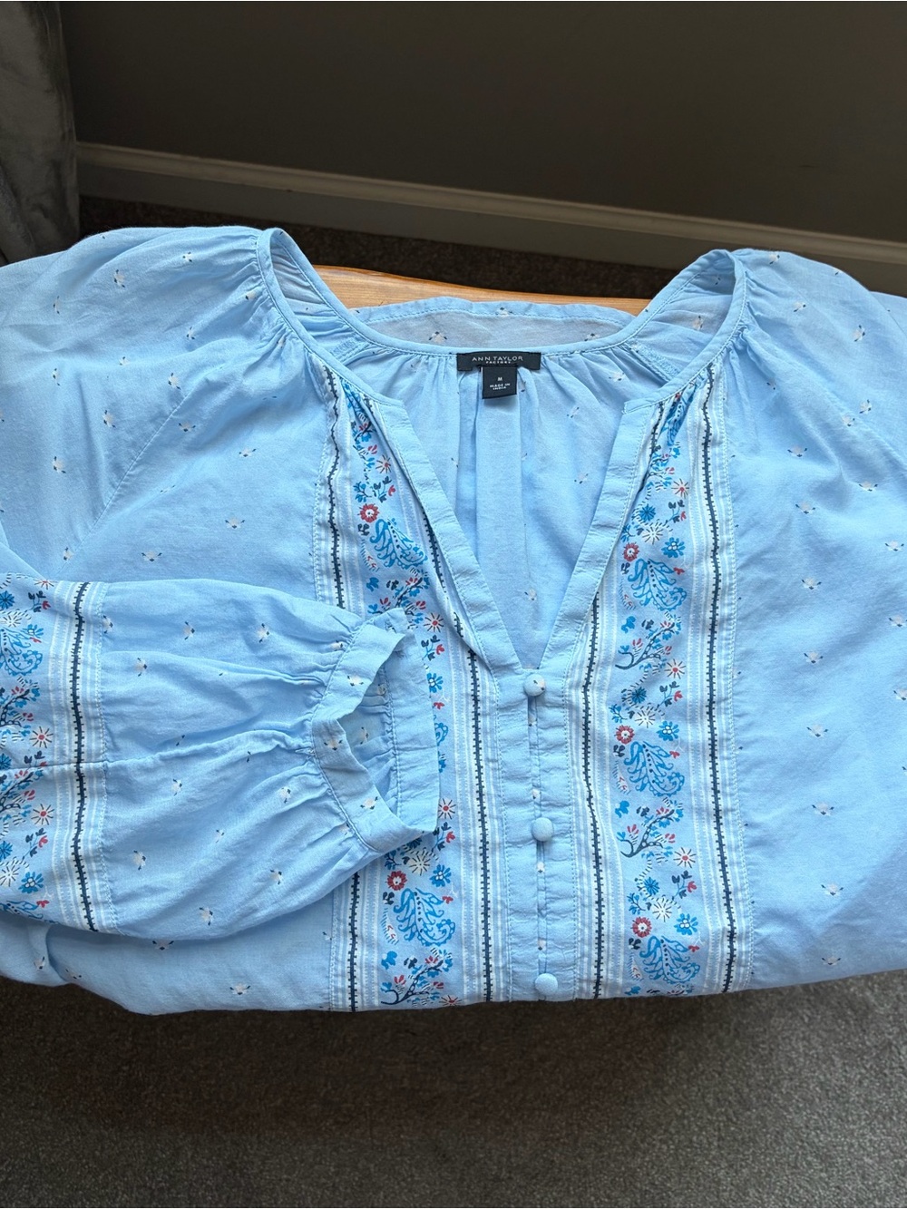 Ann Taylor Sky Blue Embroidered Button-Front Peasant Top - Picture 4 of 6
